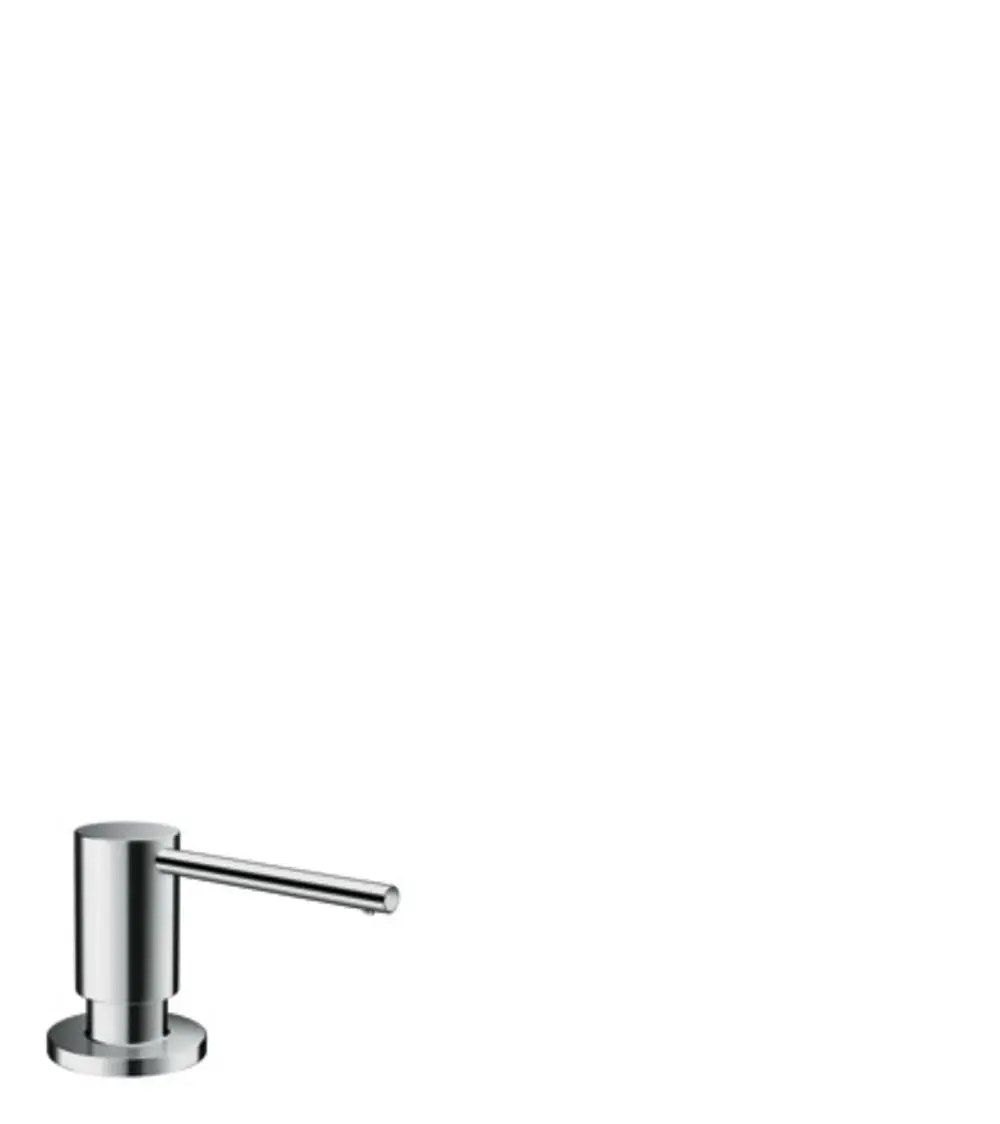 Spülmittel- oder Lotionenspender aus Chrom von Hansgrohe mit runder Basis und länglichem Auslauf.